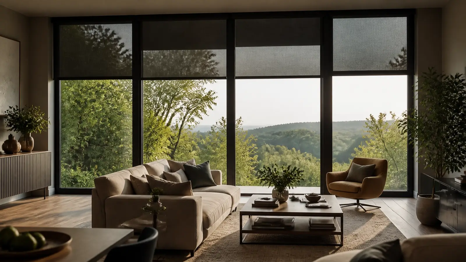 A bright modern interior with expansive architectural windows