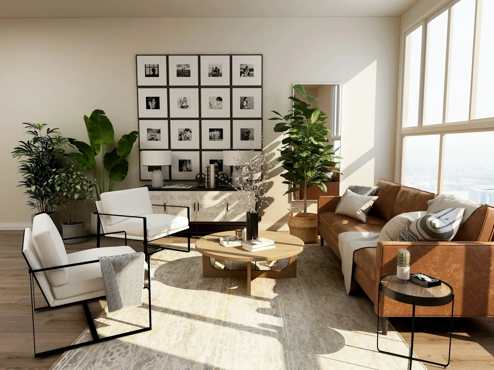 Warm neutral interior with refined window framing — placeholder stock image